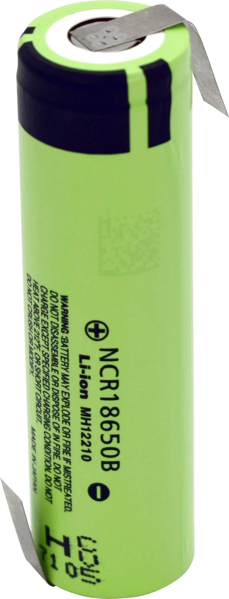 Grüner Lithium-Ionen-Akku mit der Modellnummer NCR18650B. Text und Warnhinweise sind auf der Oberfläche zu lesen.
