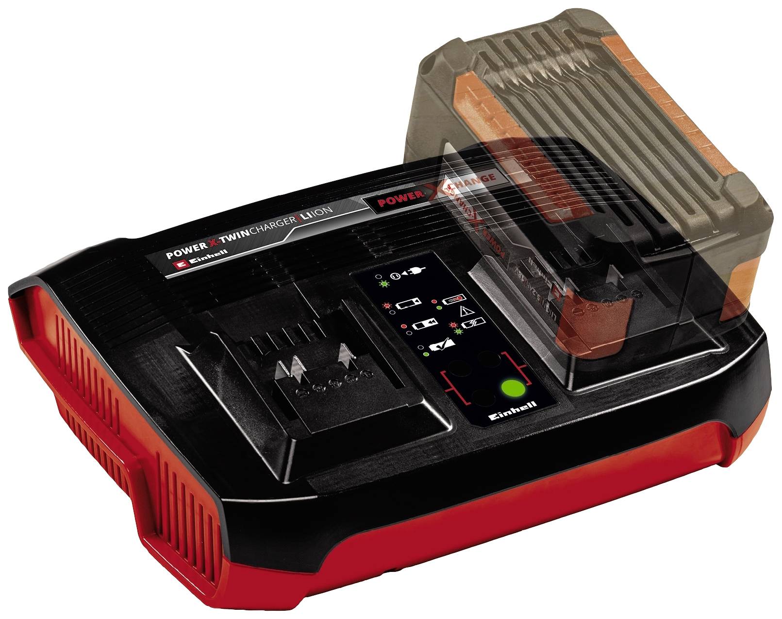 Ein Doppelladegerät mit aufgesetztem Akku. Es hat zwei Slots und LED-Anzeigen für Ladezustand. Markenname 'Einhell' sichtbar.