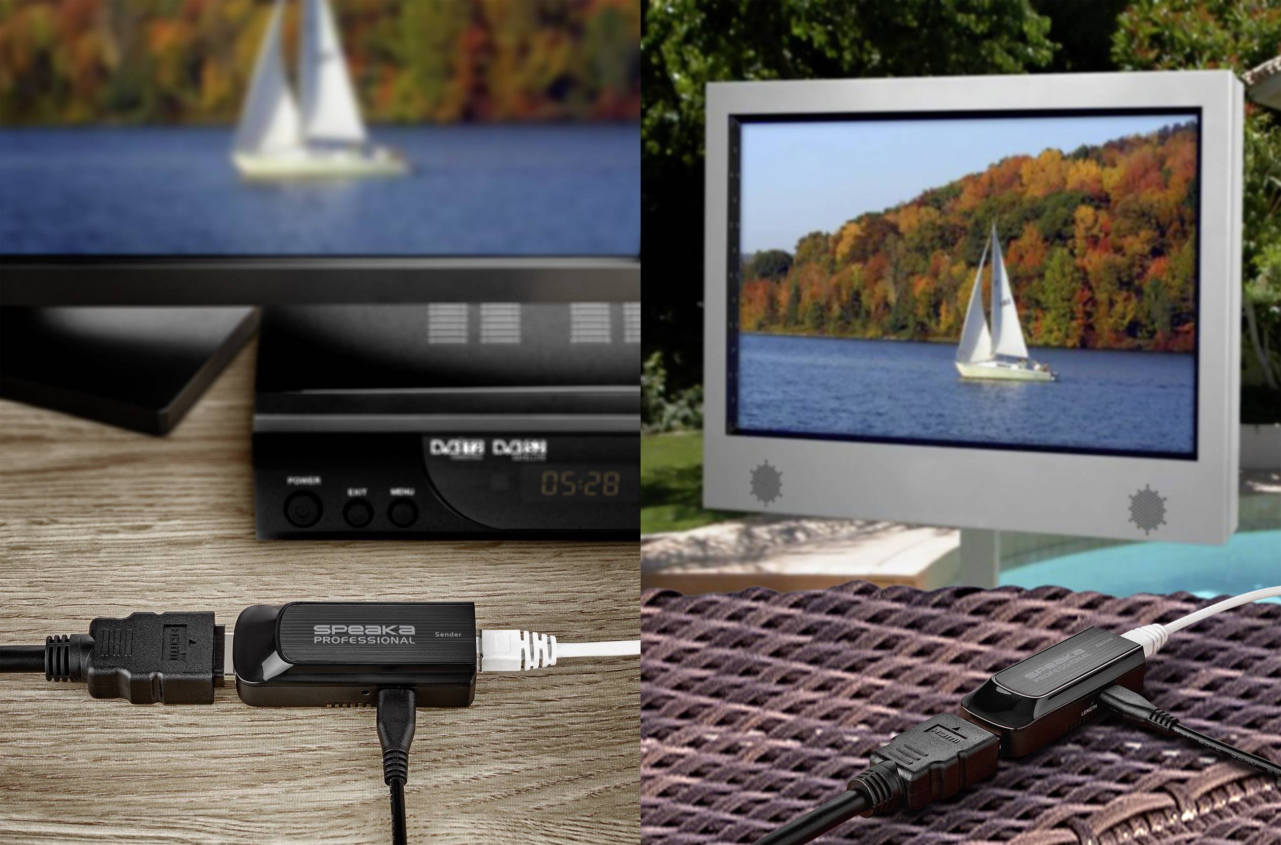 Zwei abgebildete Monitore zeigen ein Segelboot auf einem See. Der eine Monitor steht auf einem Tisch, der andere draußen auf einem Tischläufer.
