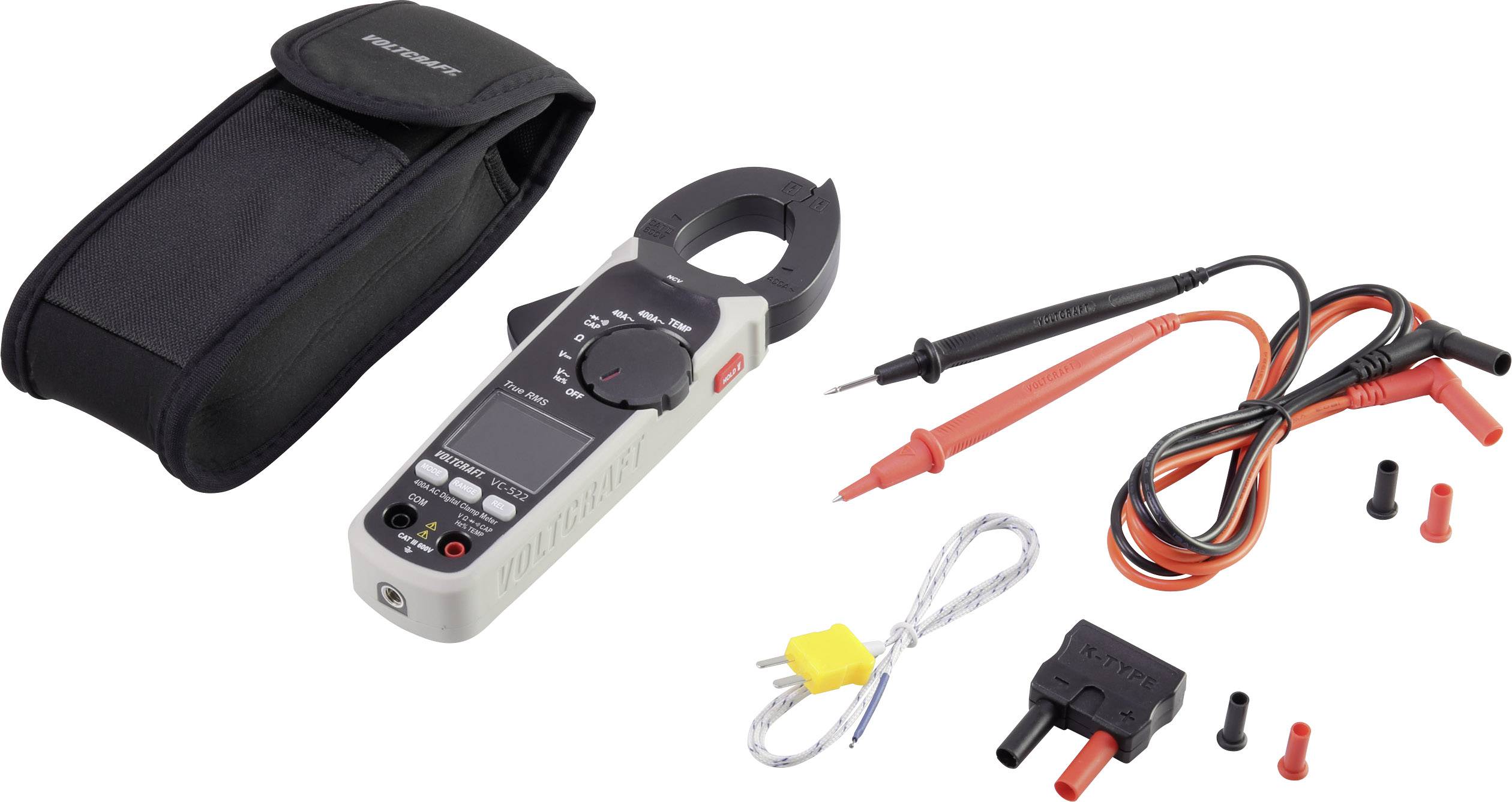 Digitales Zangenmultimeter mit Tasche, Messleitungen und Klemmen zur Spannung und Strommessung. Perfekt für Elektriker.
