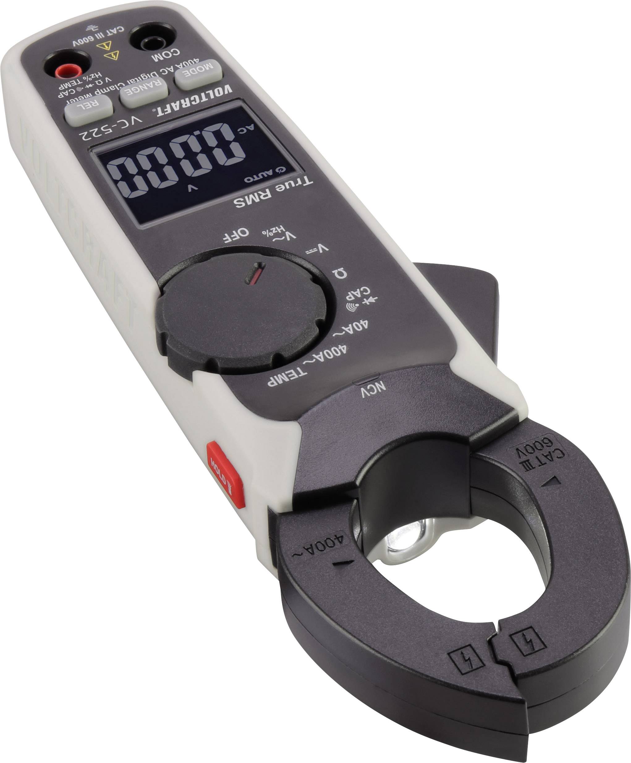 Ein digitales Zangenmultimeter mit Display zeigt '0000' an. Es misst Wechselspannung und besitzt mehrere Schalter und Eingänge.