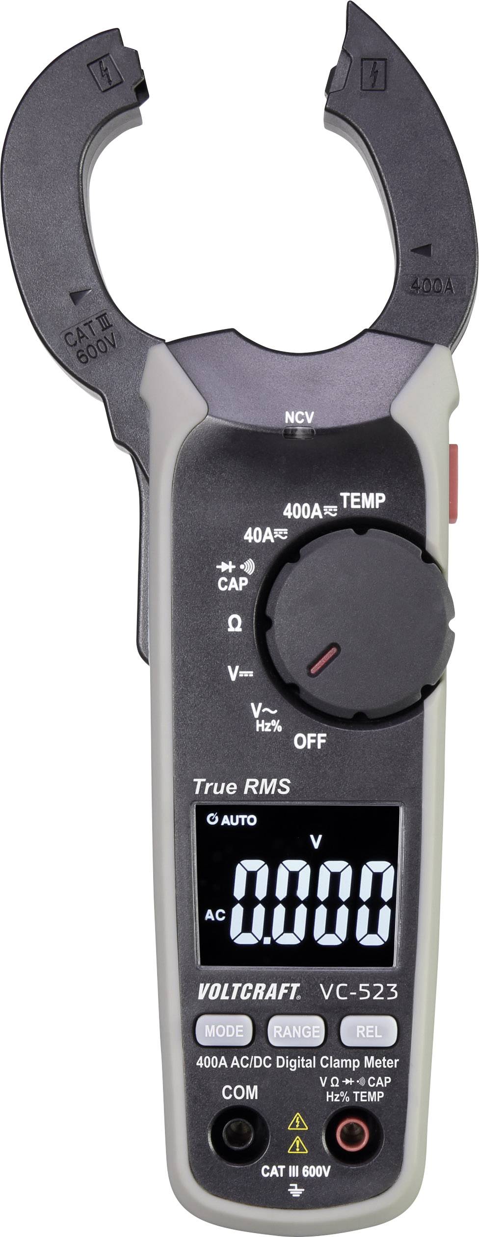 Digitaler Stromzangen-Multimeter mit offener Zange, Drehregler und LCD-Anzeige für Spannungs- und Strommessungen. Modell: Voltcraft VC-523.