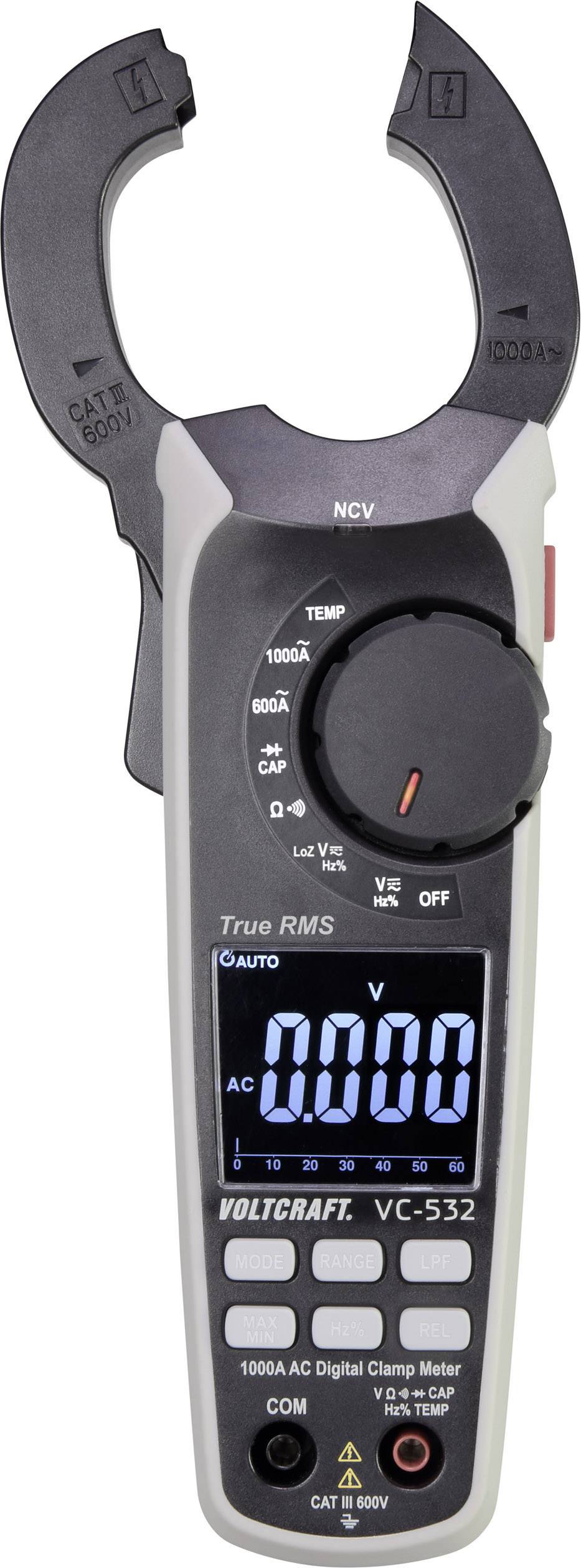 Ein digitales Zangenmessgerät, Modell Voltcraft VC-532, zeigt einen Messwert von 0,000 Volt. Es hat einen großen Drehknopf zur Einstellung.