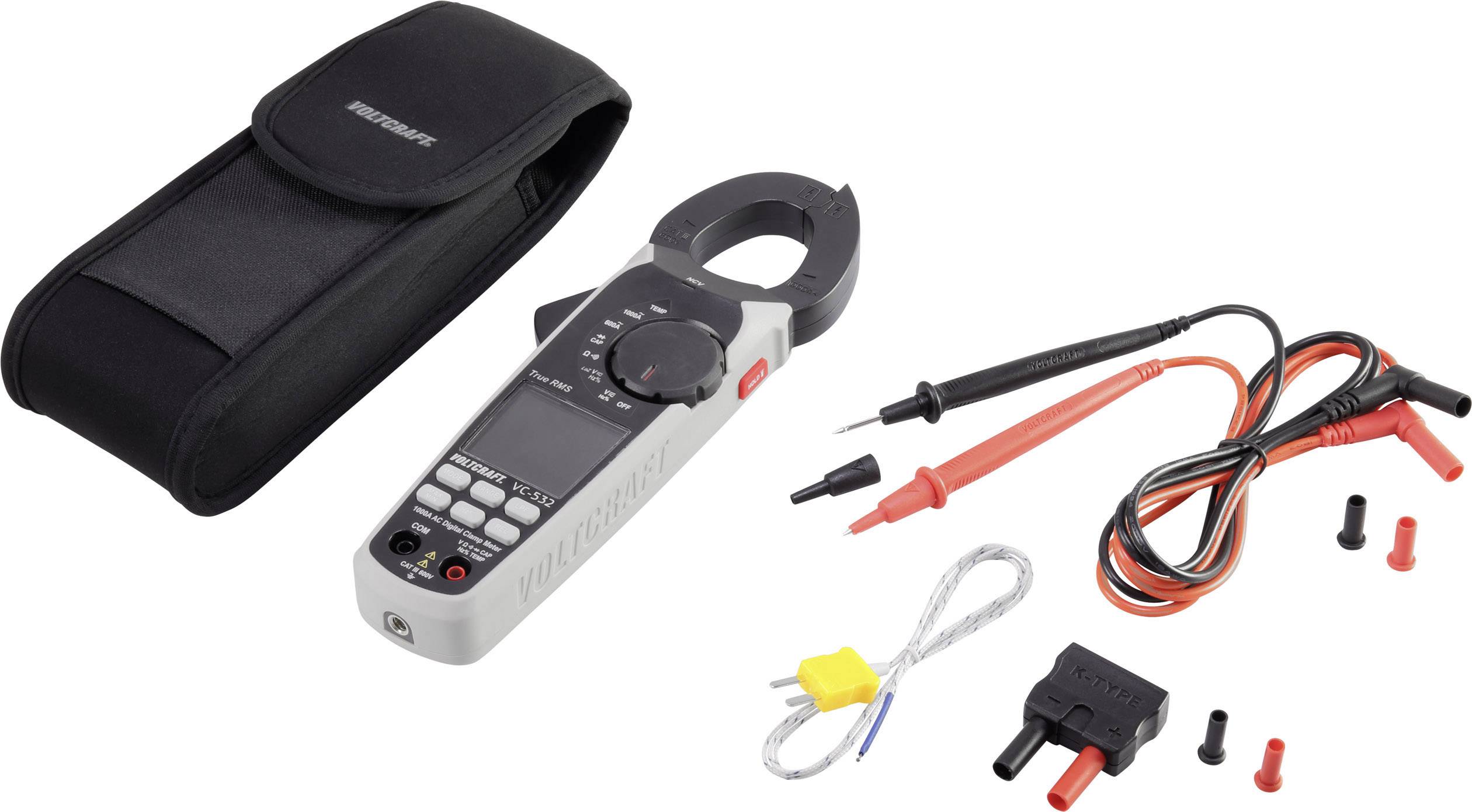 Ein digitales Zangenmultimeter-Set mit Zubehör, einschließlich Messleitungen, Temperaturfühler und Etui, zur elektrischen Messung.