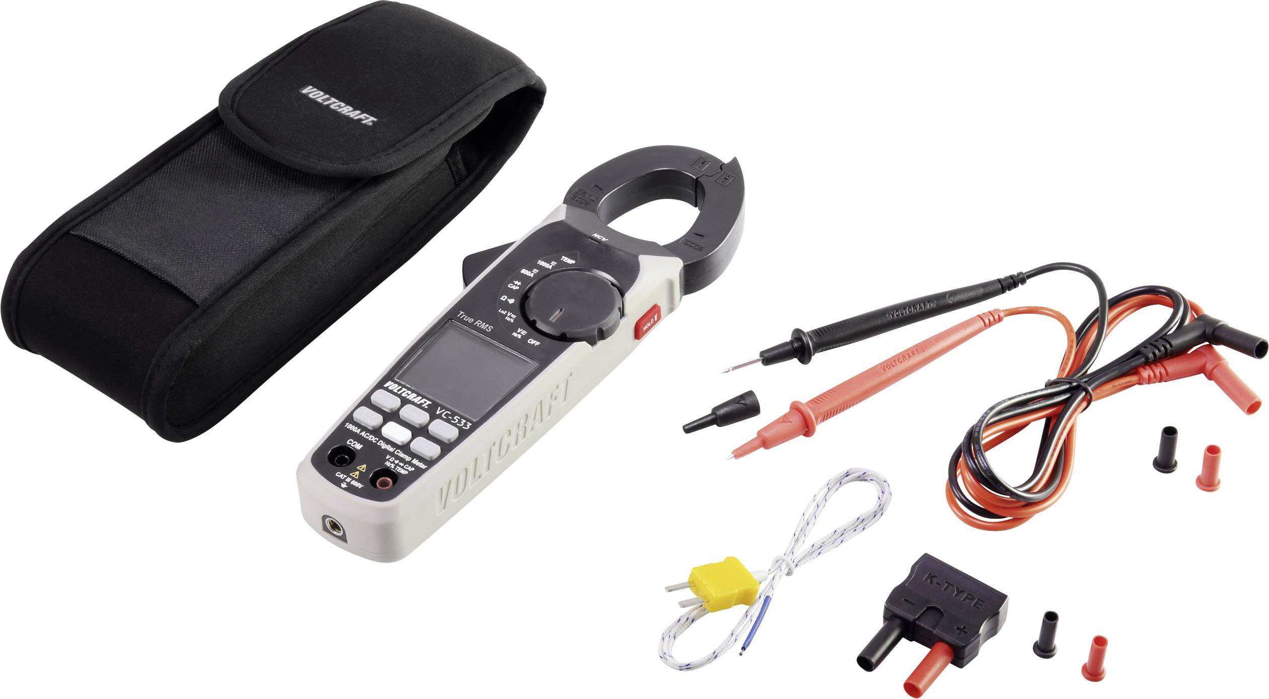 Digitales Multimeter-Set mit Zange, Kabeln, Sonden und Tragetasche, ideal für elektrische Messungen und Diagnosen.