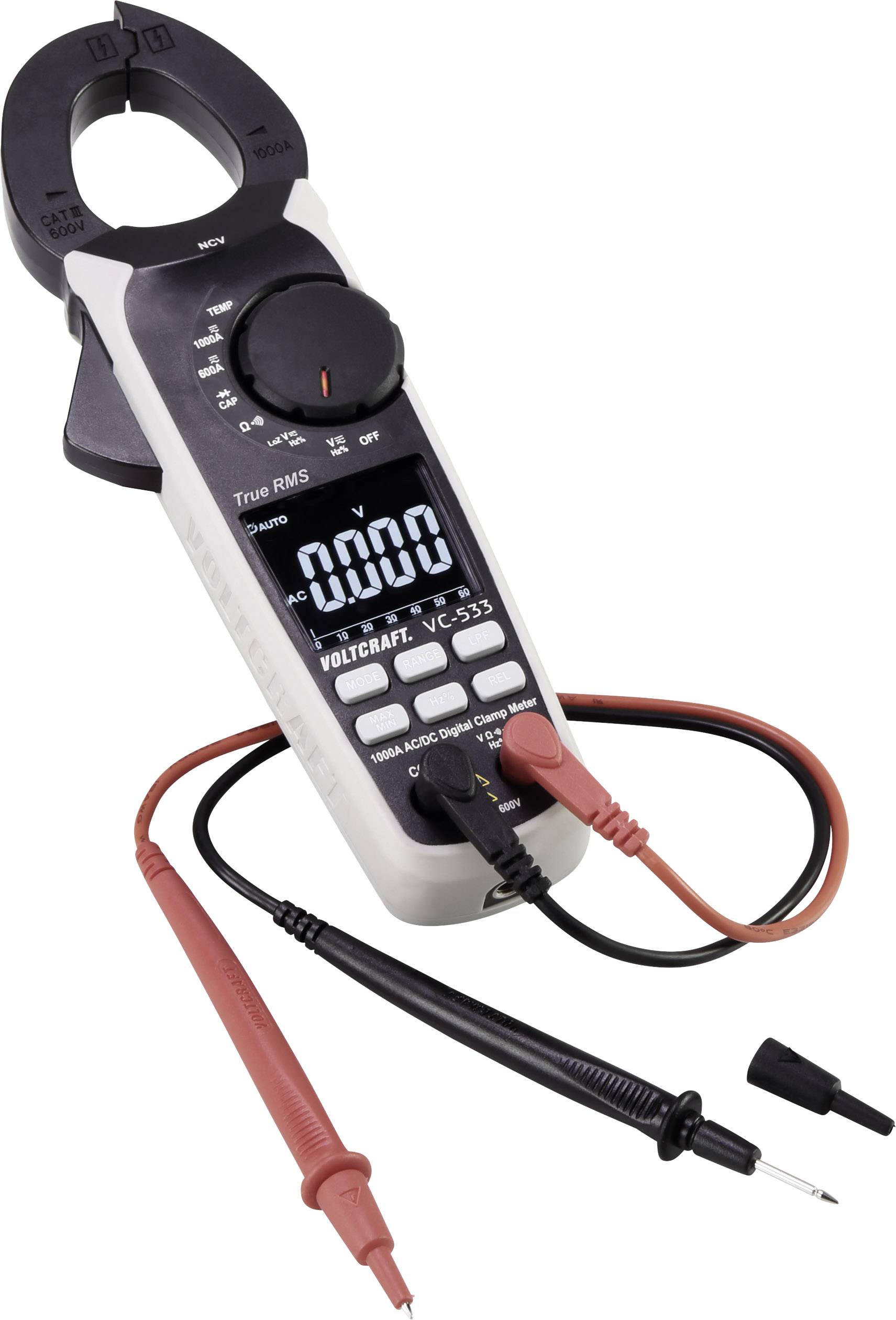 Digitales Multimeter mit Zangenfunktion, zeigt '0000' auf dem Display. Zwei Messleitungen sind angeschlossen, rot und schwarz.