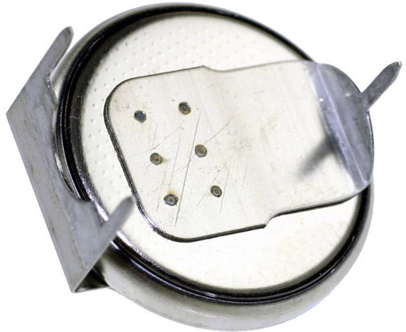 Runde, silberne Batteriezelle mit zwei hervorstehenden Kontakten. Bautyp geeignet für elektronische Geräte, zum Beispiel Uhren.