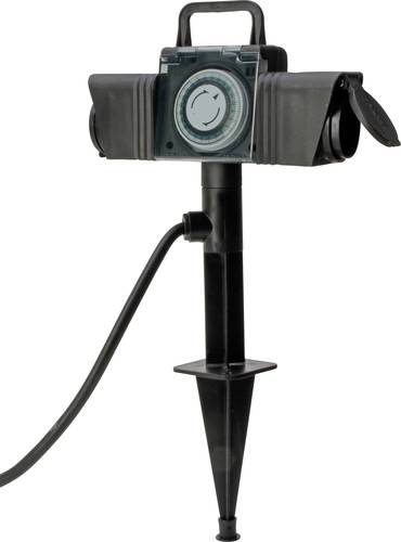 145344045 Gartensteckdose mit Zeitschaltuhr 2fach Schwarz mit Erdspieß, mit Zeitschaltuhr