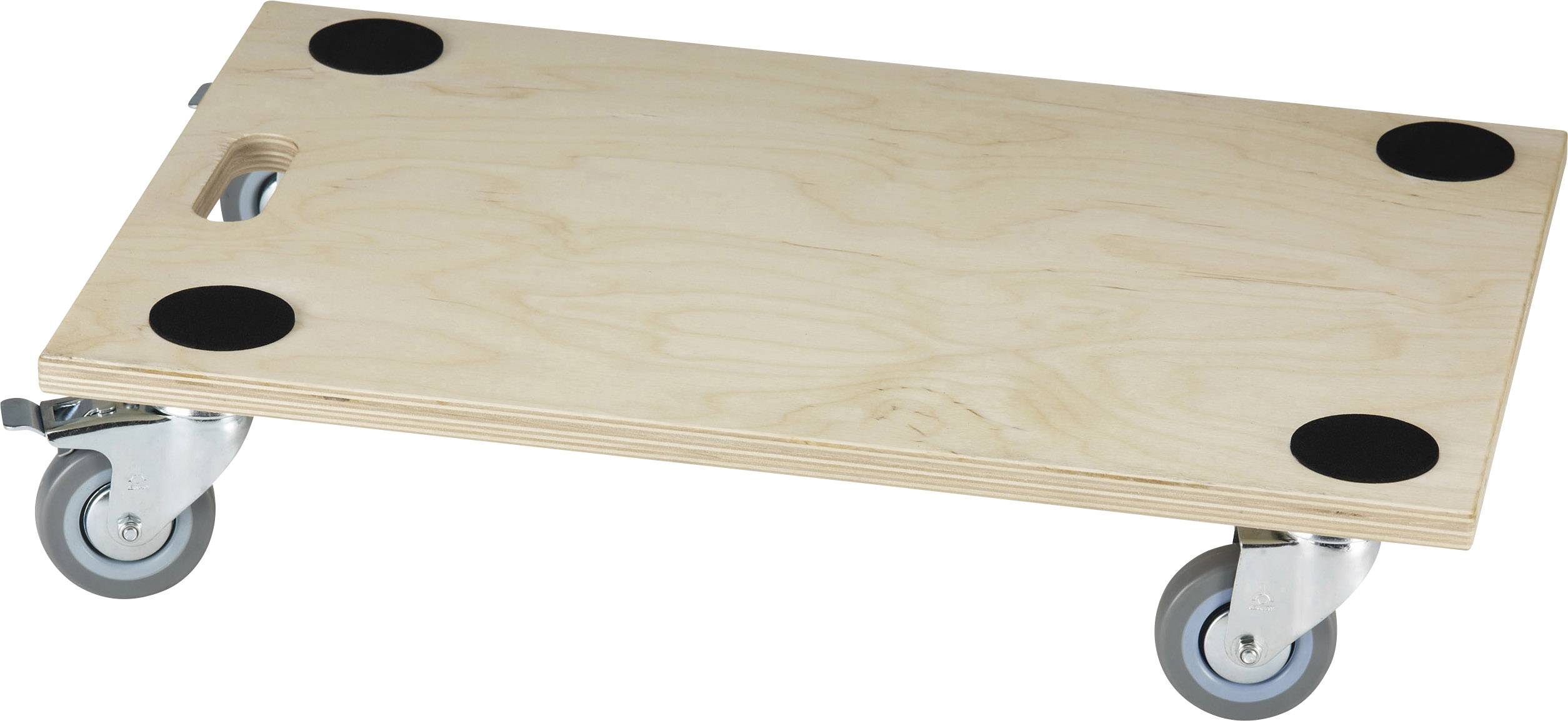 Holzplatte mit vier Rollen und schwarzen Anti-Rutsch-Pads an den Ecken; dient als Transportwagen oder Möbelroller.