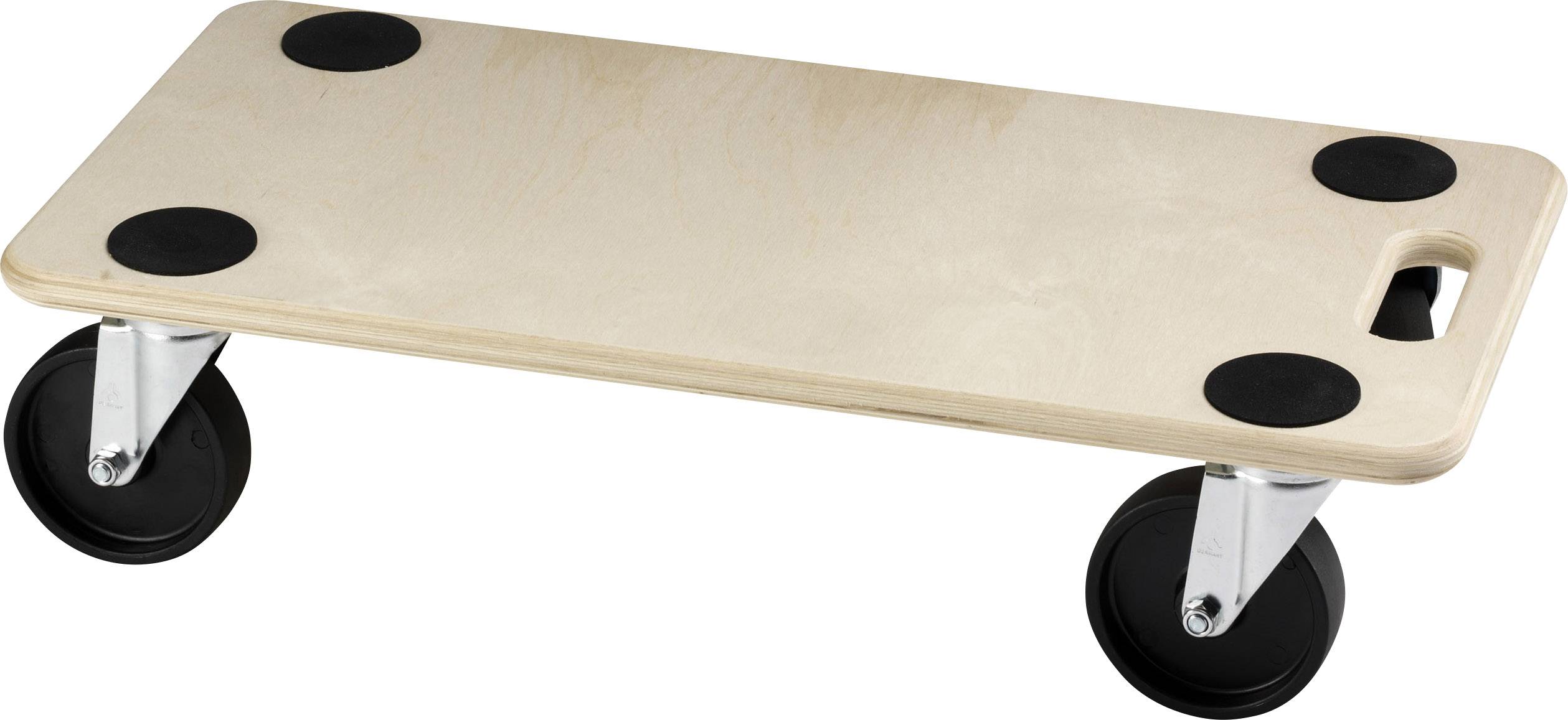 Holz-Transportroller mit vier schwarzen Rädern, rechteckige Form, Grifföffnung an einem Ende, vier runde rutschfeste Matten auf der Oberfläche.