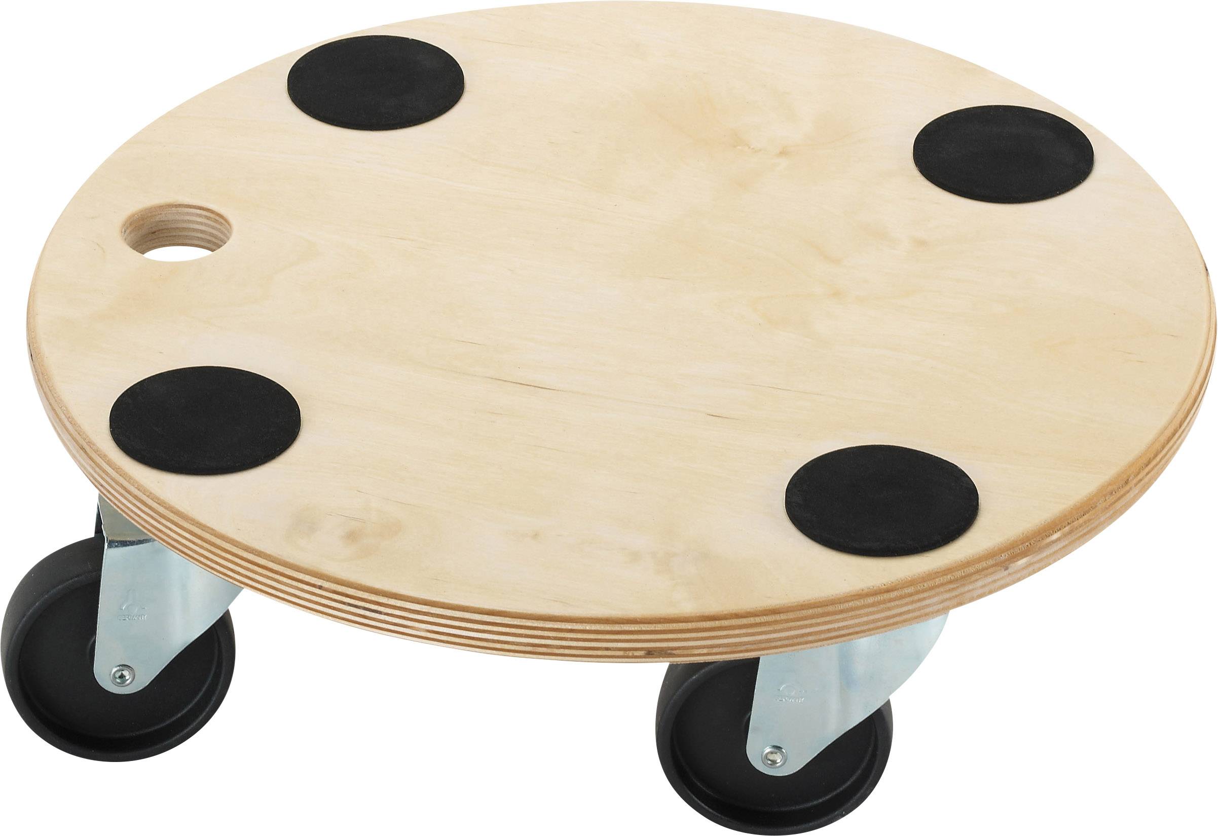 Runde Holzrollplatte mit vier schwarzen Gummiauflagen und zwei stabilen Rollen. Geeignet für den einfachen Transport von Gegenständen.