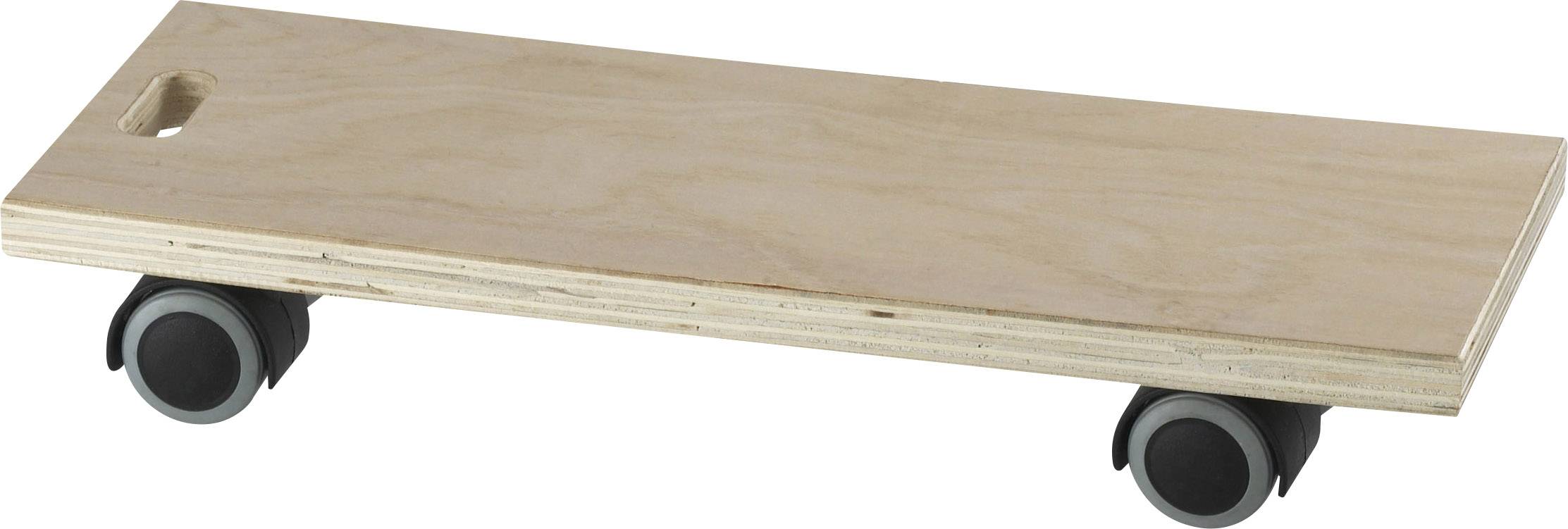 Ein rechteckiger Rollbrett aus Holz mit vier schwarzen Rädern, geeignet zum Transport von Gegenständen.
