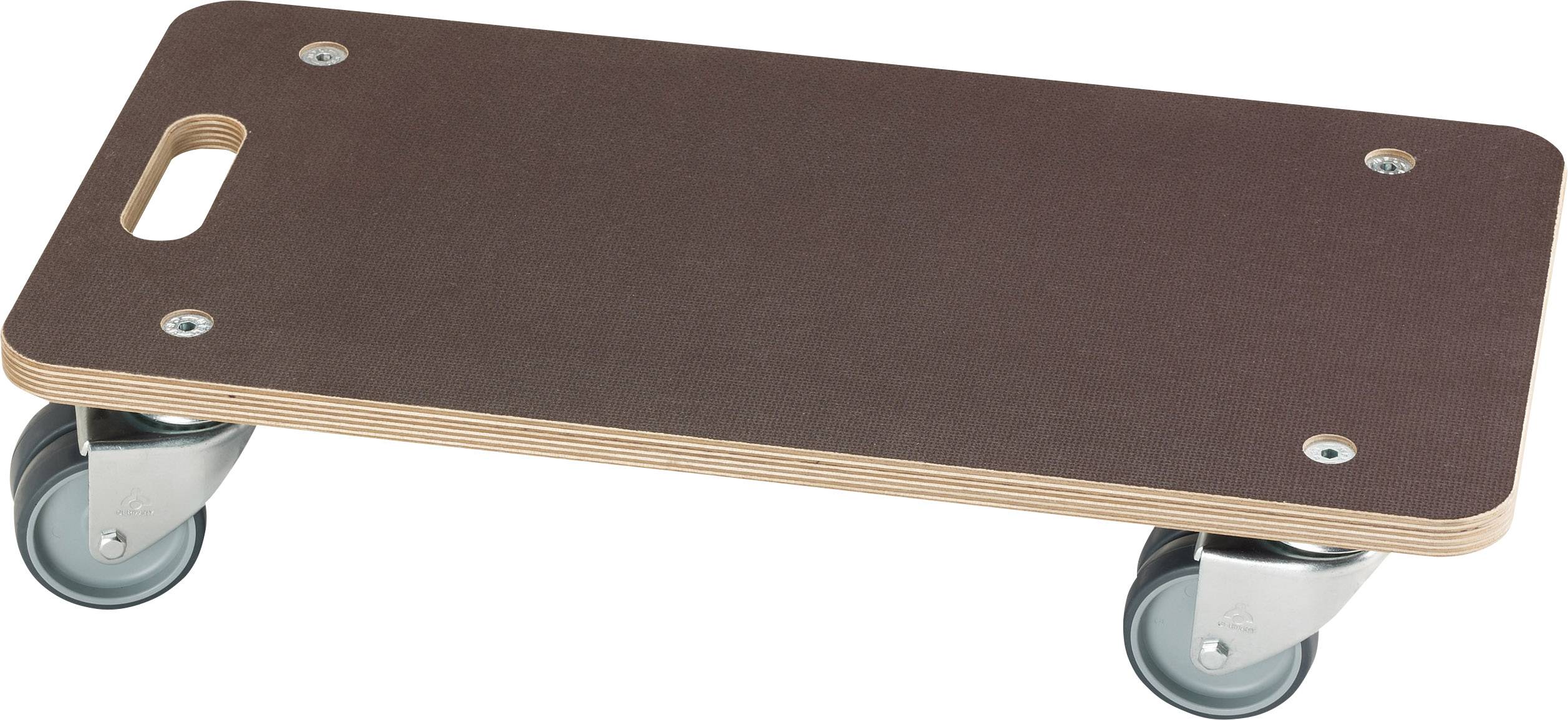 Ein Transportrollbrett mit vier Rollen und einem Griffloch. Es besteht aus Holz und ist für den Transport von schweren Gegenständen gedacht.