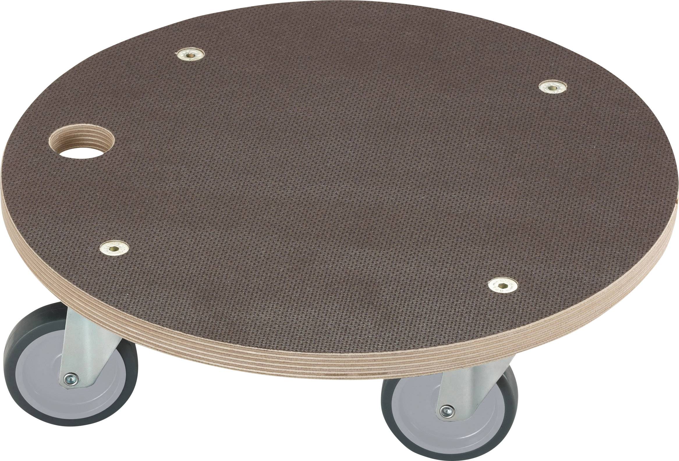 Runde Transportplattform mit vier Rollen und einem Griffloch zur einfachen Bewegung von Gegenständen.
