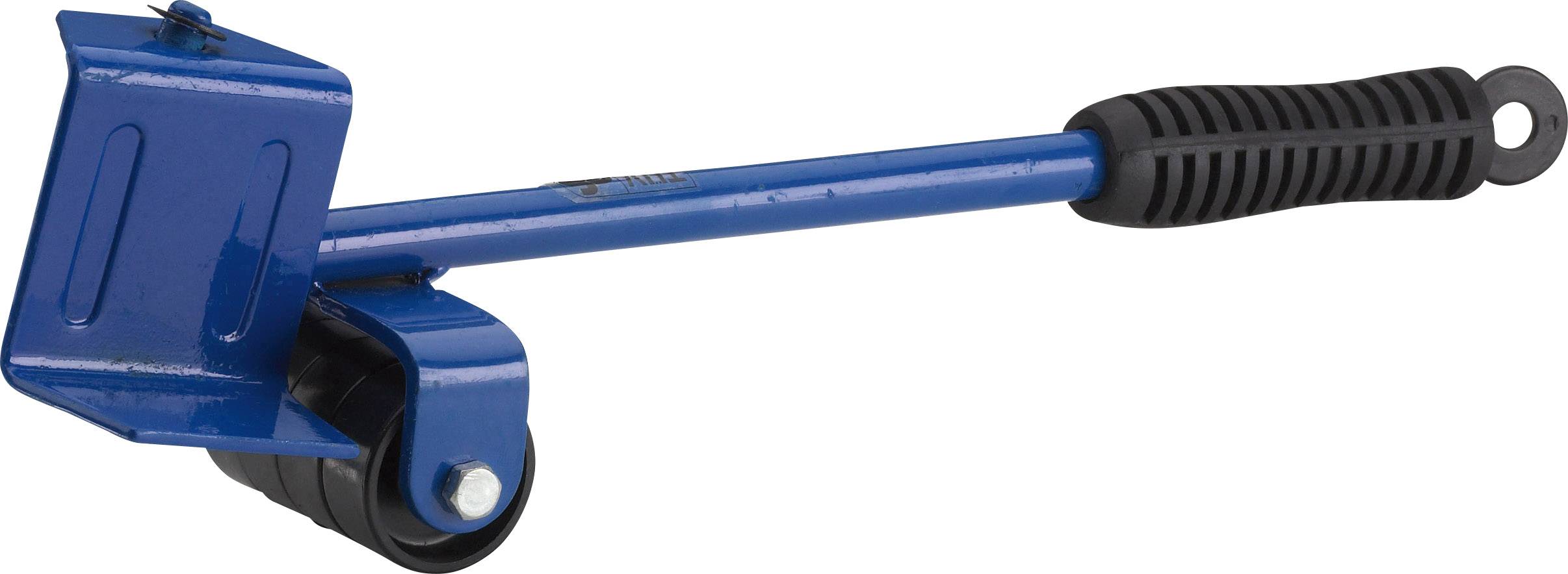 Ein blauer Armhebel mit einer Rolle am Ende und einem schwarzen Griff. Werkzeug zur Unterstützung beim Anheben oder Verschieben schwerer Objekte.