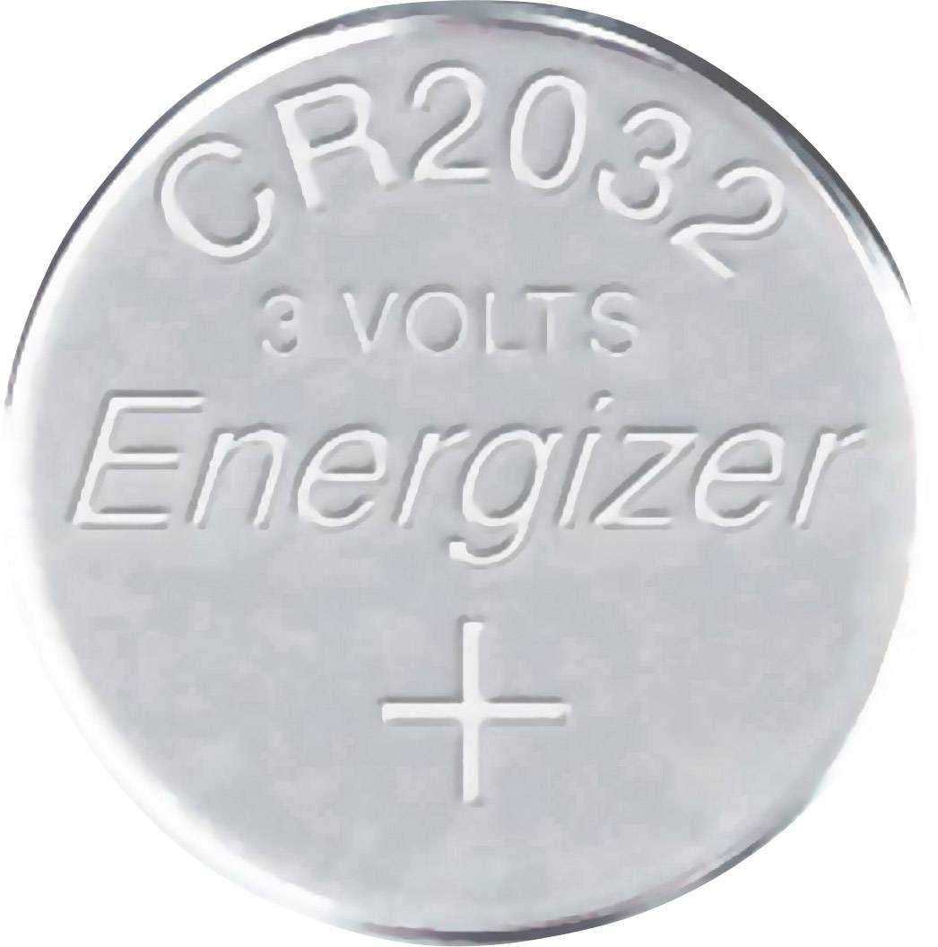'CR2032 3 Volts Energizer' Knopfzellenbatterie mit Pluspol-Symbol. Geeignet für kleine Geräten wie Uhren oder Taschenrechner.