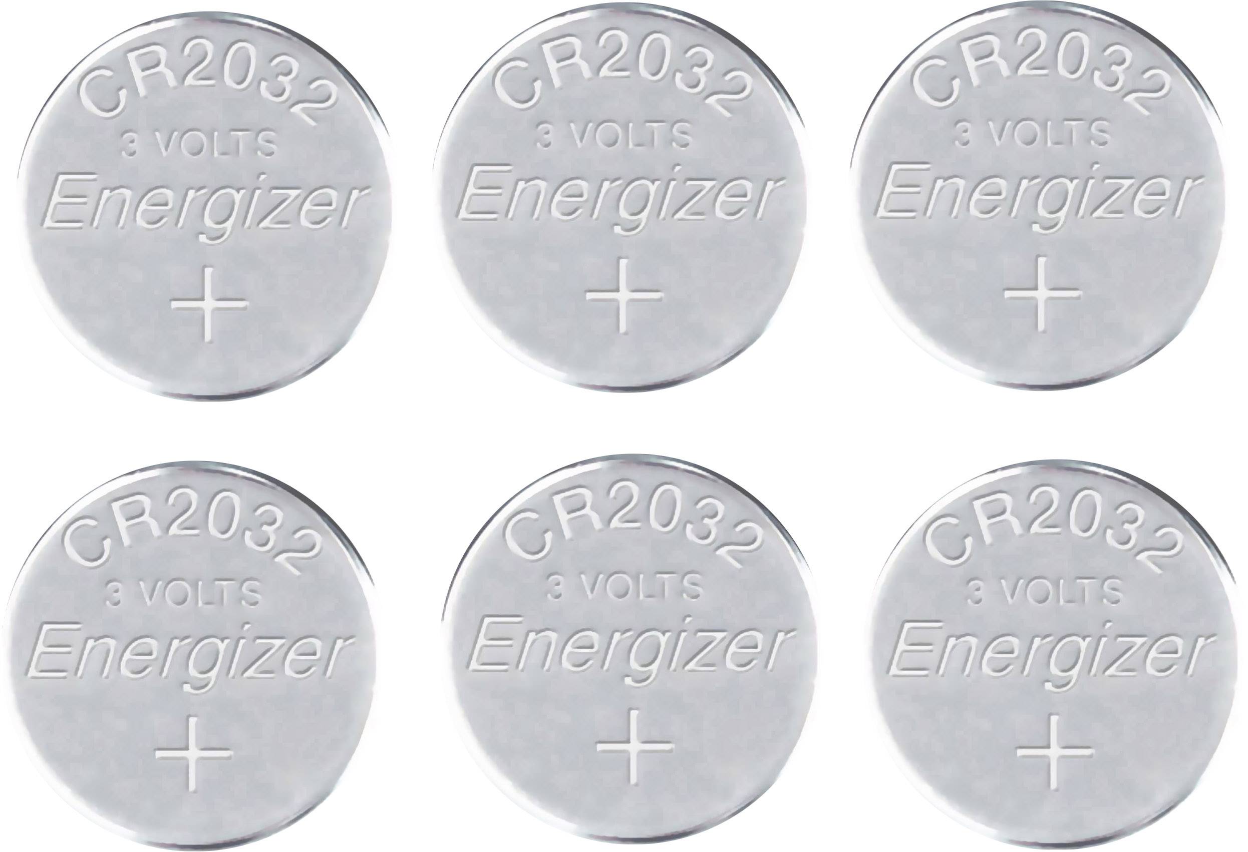 Sechs kreisförmige CR2032-Batterien von Energizer, 3 Volt.