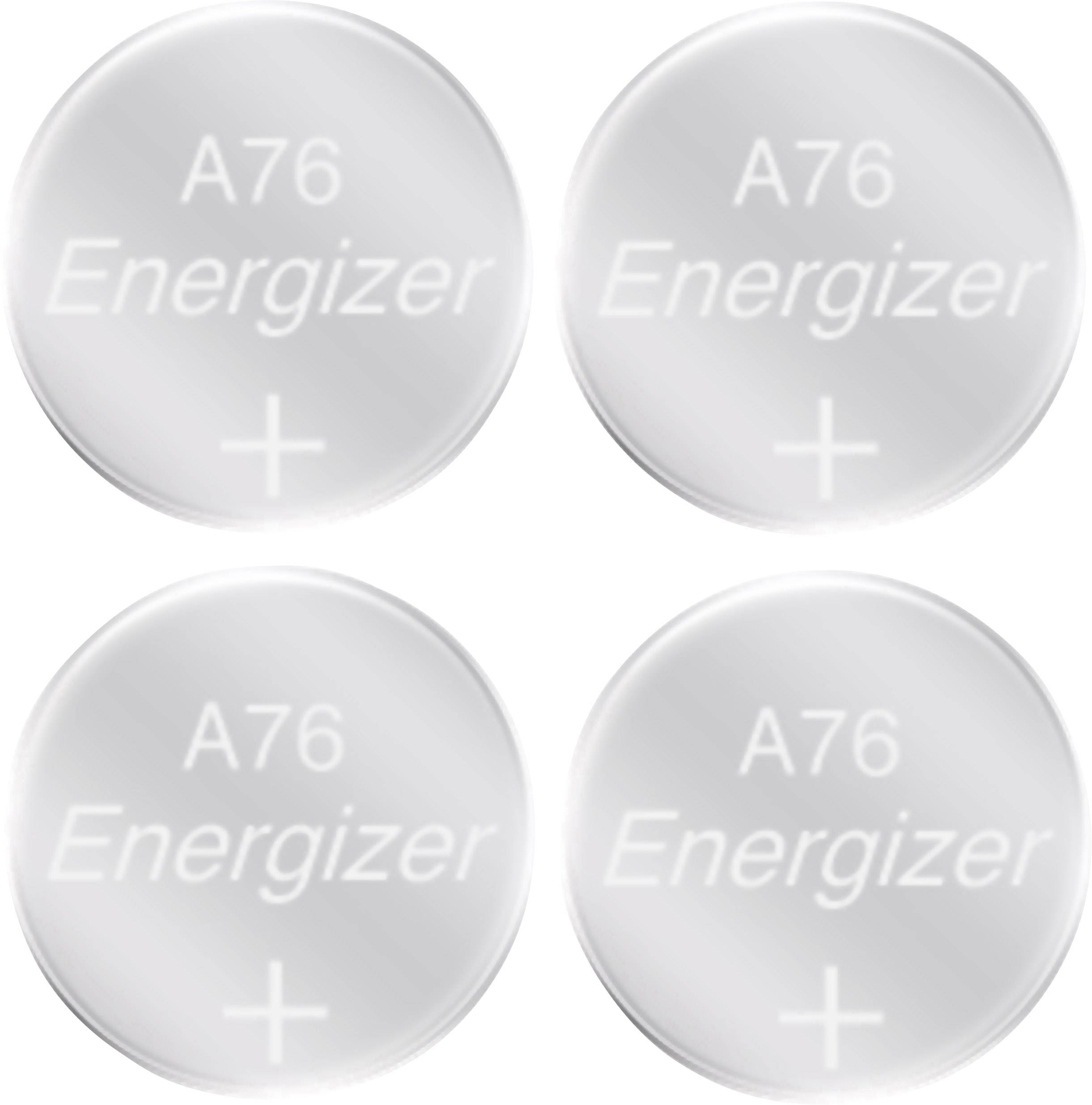 Vier aufgereihte Knopfzellenbatterien mit der Aufschrift 'A76 Energizer +'.