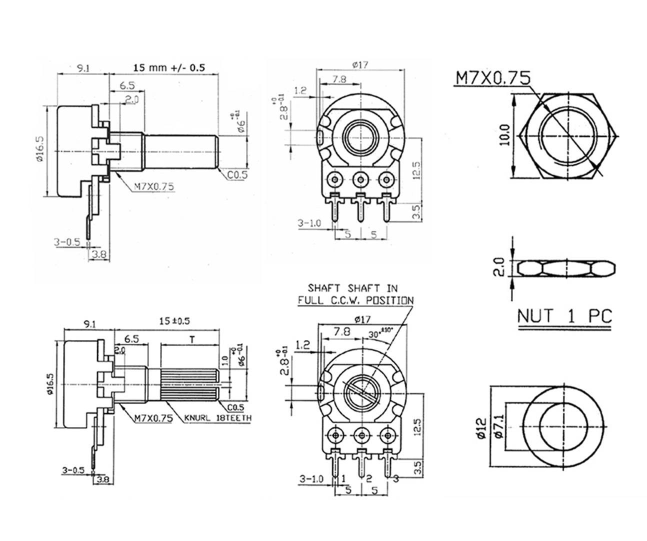 Technische Zeichnung eines Potentiometers mit Abmessungen, Gewinde M7x0.75, und einer Mutter. Verschiedene Ansichten und Maße sind gezeigt.