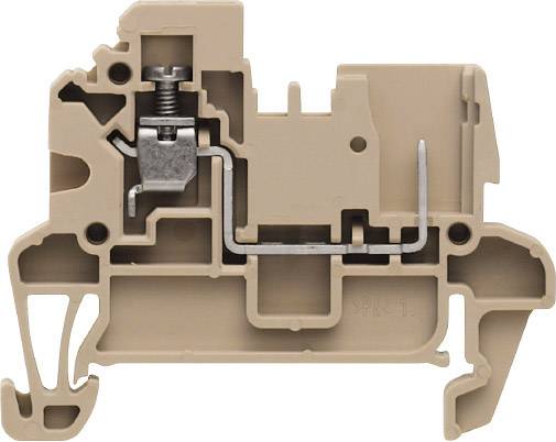 Klemmleiste in Querschnittsansicht, zeigt Mechanismus mit Metallschraube und Leiterbahn. Beige Kunststoffgehäuse, technisches Bauteil.