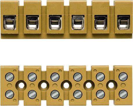 Braune Lüsterklemme mit mehreren Anschlusspunkten. Sichtbar sind metallene Schraubverbindungen für elektrische Kabelbefestigung.
