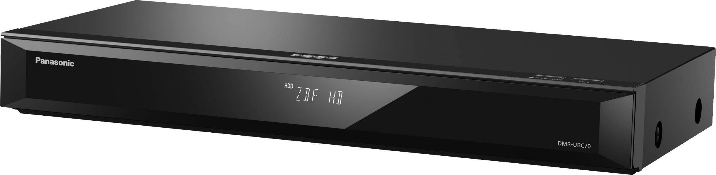 Ein schwarzer DVD- oder Blu-ray-Player mit einem digitalen Display auf der Vorderseite, zeigt die Zeit an. Markennamen oben links.