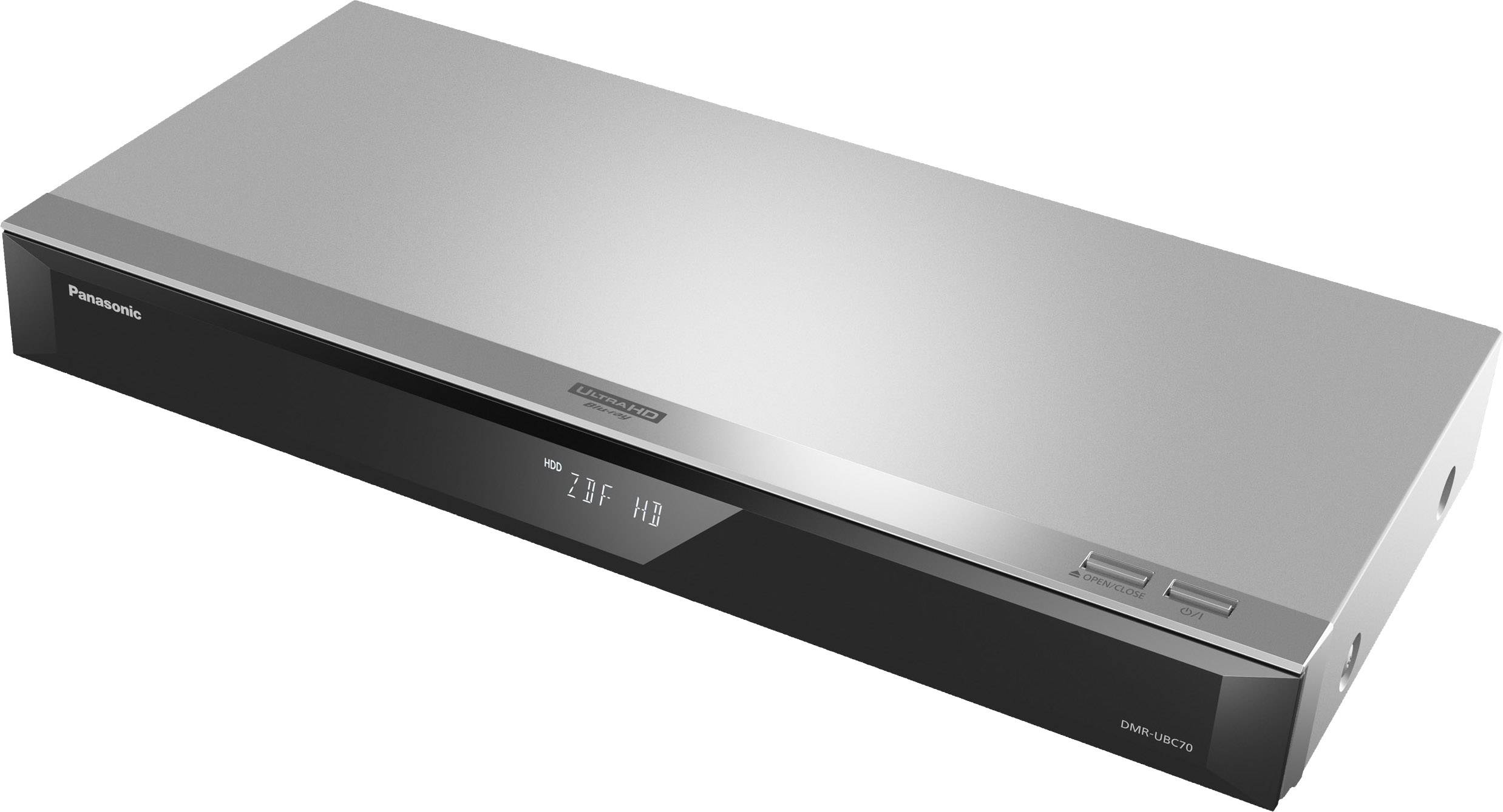 Ein schlanker, silberner Blu-ray-Player mit digitalem Display auf der Vorderseite. Rechteckige Form, minimalistische Knöpfe oben rechts. Geeignet für Heimkino-Setups.