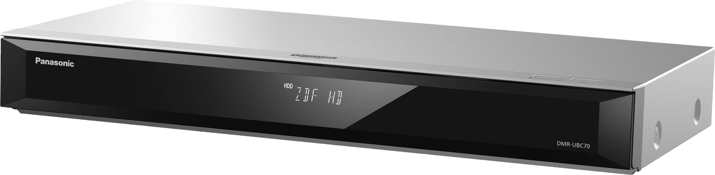 Silberner Panasonic Blu-ray-Player mit digitaler Anzeige auf der Vorderseite, zeigt Uhrzeit '21:12'. Modernes und schlankes Design.