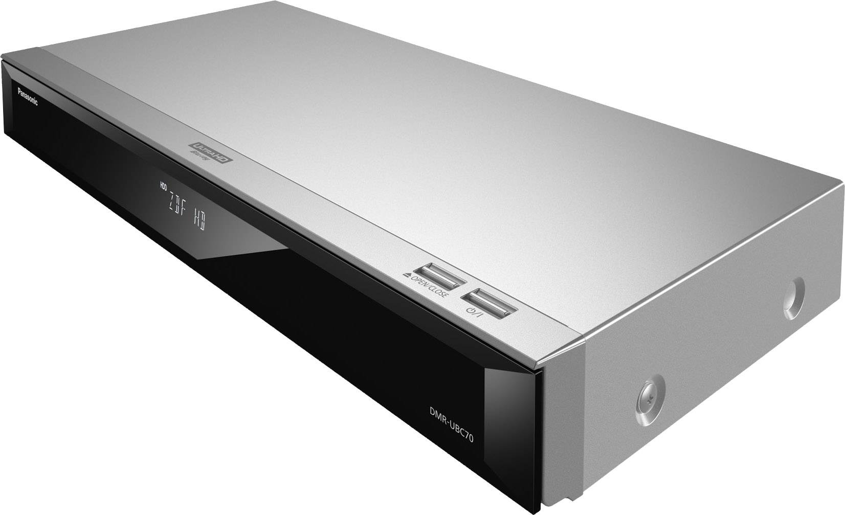 Ein silberner Blu-ray-Player mit schwarzer Front zeigt die Uhrzeit auf dem Display. Rechts befinden sich Tasten und USB-Anschlüsse.