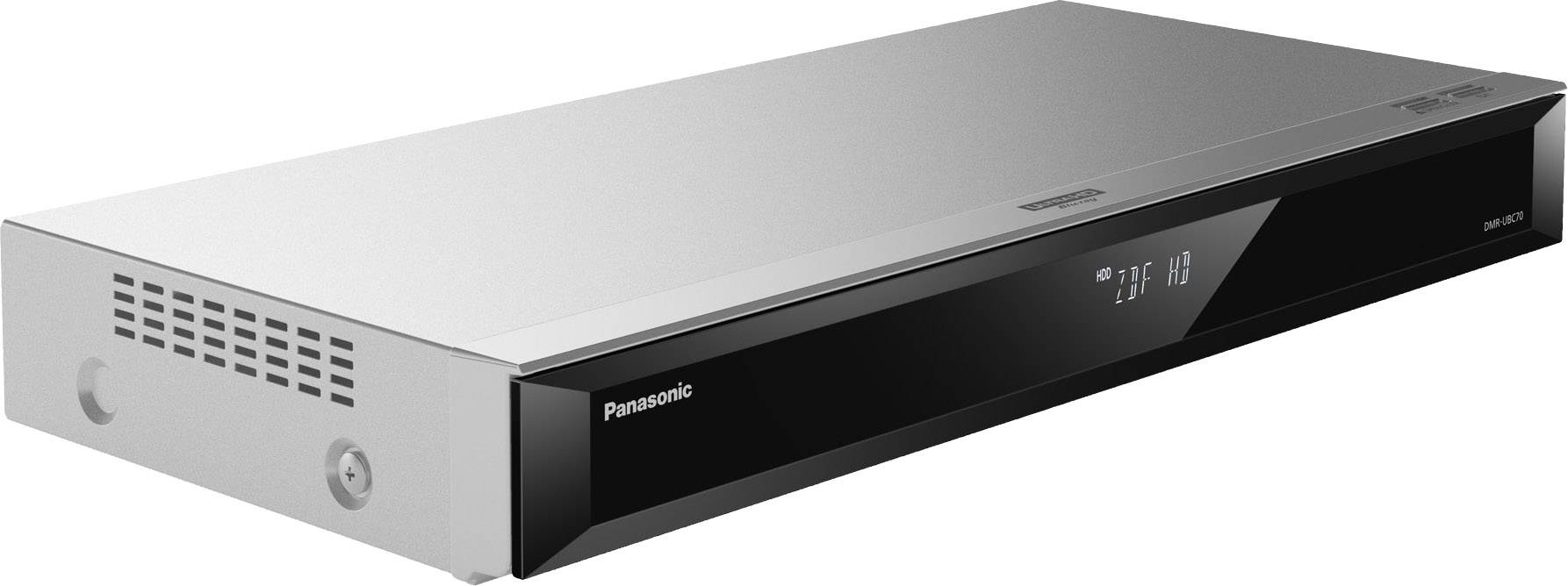 Ein moderner, flacher Panasonic Blu-ray-Player mit glänzender schwarzer Vorderseite und diskretem Display, zeigt Markenlogo.