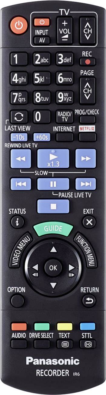 Schwarze Panasonic-Fernbedienung mit Tasten für TV, Internet, Aufnahme, Lautstärke und Kanäle. Enthält Guide- und Menü-Funktionen.