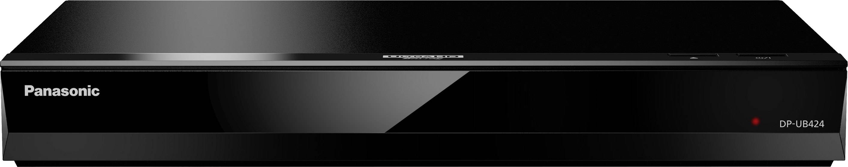 Ein schwarzer Panasonic Blu-ray-Player mit einem roten Licht auf der Vorderseite, Modellnummer DP-UB424.