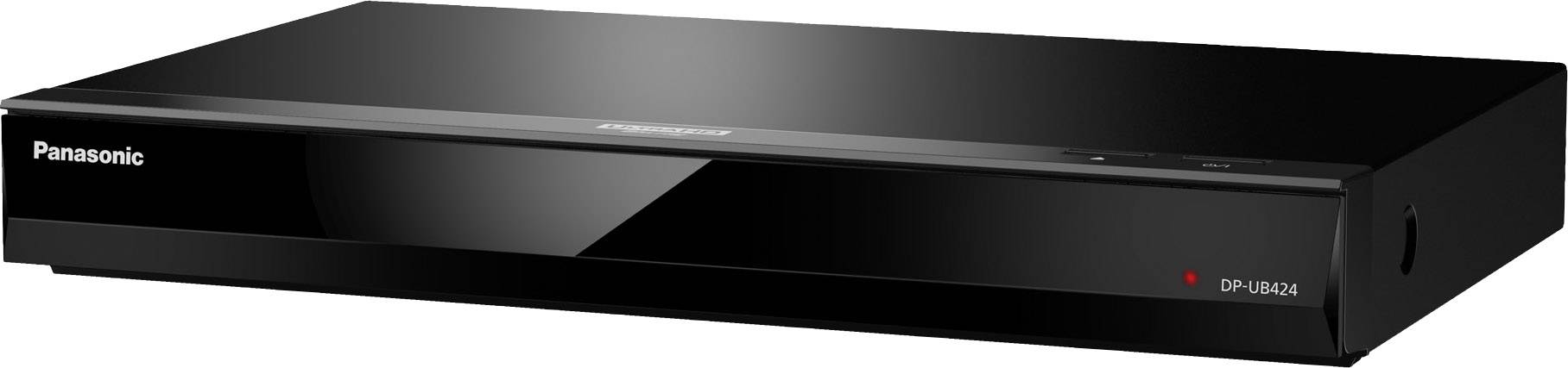 Schwarzer Panasonic Blu-ray-Player, Modell DP-UB424, mit schlankem Design und sichtbarer Betriebsanzeige auf der Vorderseite.