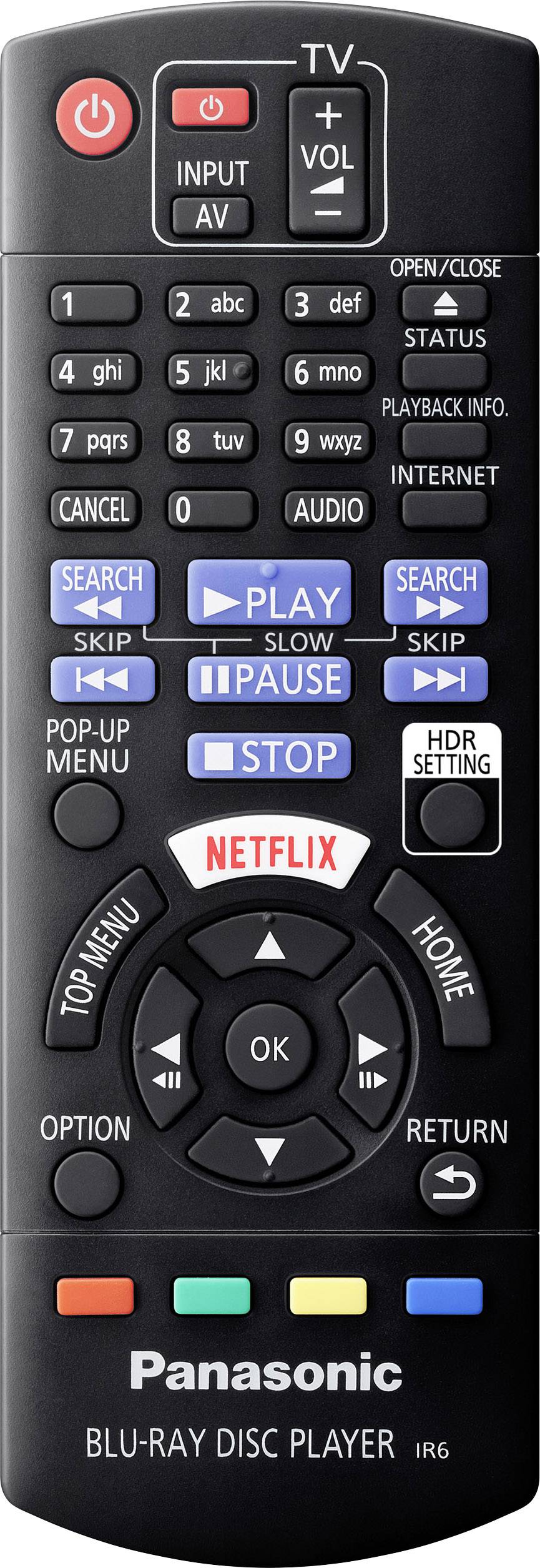 Fernbedienung eines Panasonic Blu-ray Players mit Tasten für Wiedergabe, Pause, Netflix, Lautstärke und Menüoptionen.