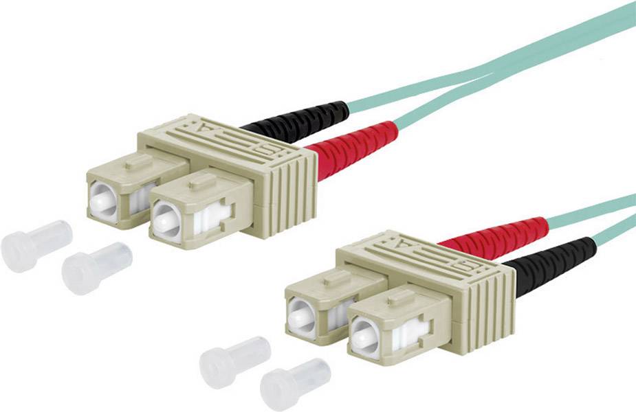 Zwei beige SC-Duplex-Stecker verbunden mit türkisfarbenen Kabeln, jeweils mit roten und schwarzen Markierungen, auf weißem Hintergrund.