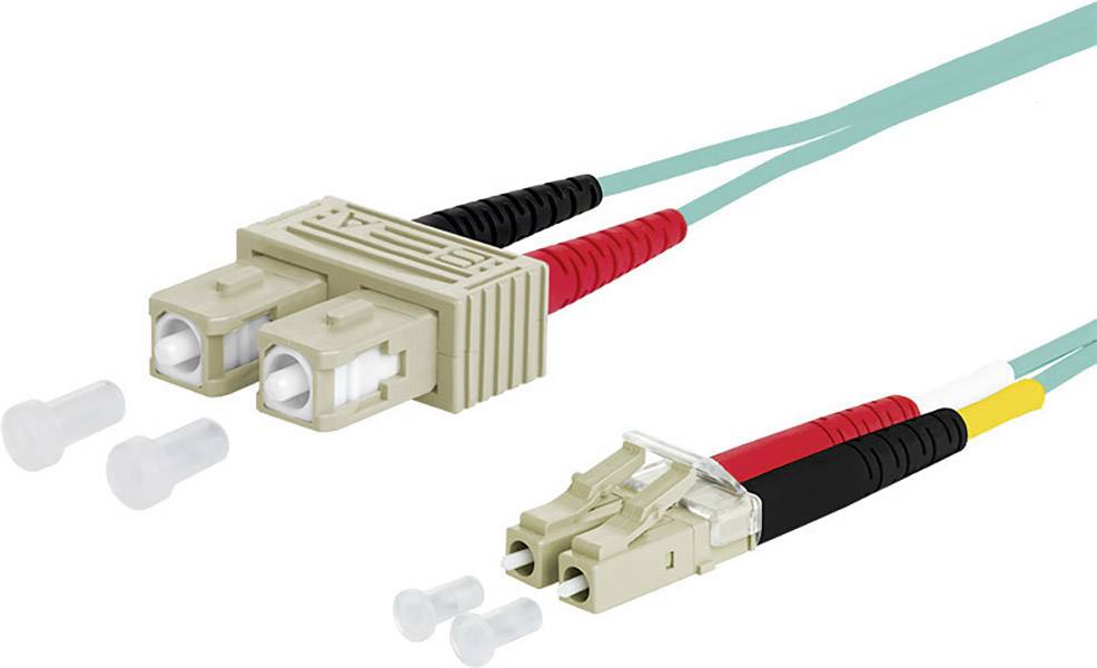 LWL-Steckverbinder mit LC- und SC-Steckern, die über Glasfaserkabel verbunden sind. Geeignet für schnelle und stabile Datenübertragungen.