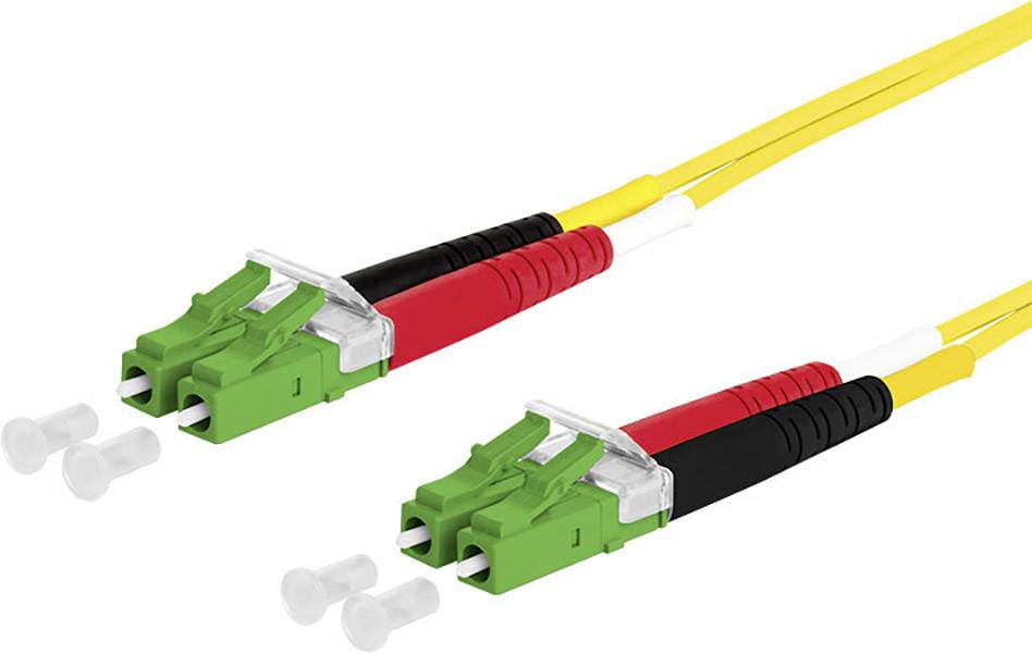 Zwei gelbe Glasfaserkabel mit grünem Stecker, jeweils mit rotem und schwarzem Farbring markiert. Vier graue Schutzkappen daneben.
