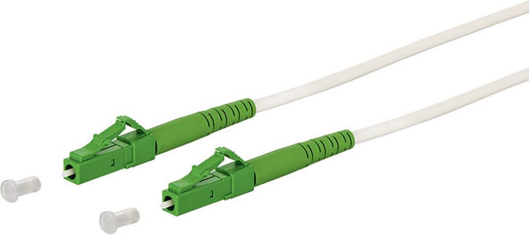 Zwei grüne Glasfaserkabel mit weißen Steckern, die nebeneinander liegen. Sie sind für Hochgeschwindigkeits-Datenübertragungen geeignet.