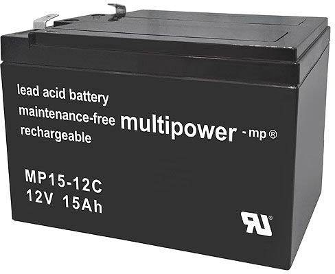Schwarze Blei-Säure-Batterie mit der Aufschrift 'multipower', 'wartungsfrei', '12V 15Ah'.