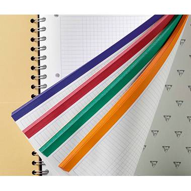 Mehrere bunte Ringbuch-Trennblätter in einem Notizbuch. Die Trennblätter sind in Rot, Blau, Lila, Grün und Orange.