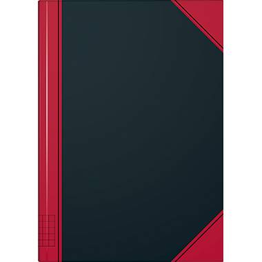 Ein schwarzes Notizbuch mit roten Ecken und einem roten Rücken liegt flach, das Gittermuster am Rücken ist sichtbar.