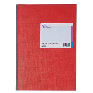 Rotes Notizbuch mit schwarzem Rücken. Ein weißes Etikett auf dem Buch trägt den Text 'Heft DIN A4, 16 Blatt, kariert'.