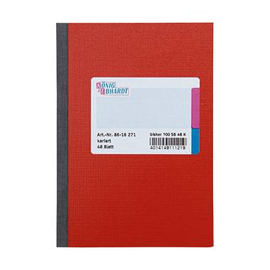 Rotes Notizbuch mit schwarzem Rücken. Etikett zeigt 'könig & bhardt', Art.-Nr. 86-16-271, kariert, 48 Blatt.