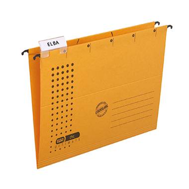 Eine orangefarbene Hängemappe mit schwarzem Punktemuster und beschriftetem Etikett 'ELBA'. Enthält Linien für Beschriftung.