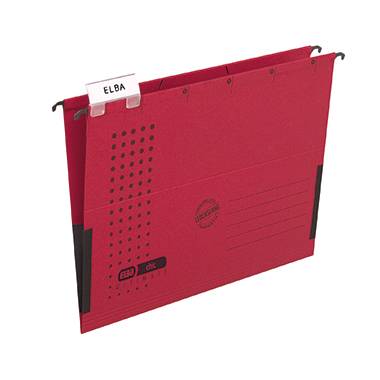 Eine rote Hängemappe mit Aufhängungshaken und dem Etikettenaufdruck 'ELBA'.