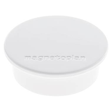 Runder, weißer Magnet mit der Prägung 'magnetoplan' auf der Oberseite, verwendet zum Befestigen von Papieren auf magnetischen Oberflächen.