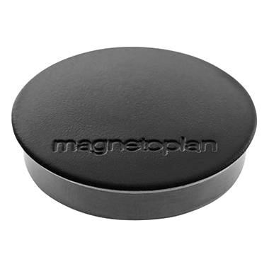 Ein runder, schwarzer Magnet mit der Aufschrift 'magnetoplan'.