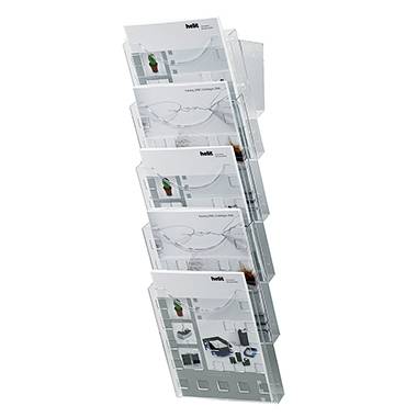 Wandhalterung mit mehreren transparenten Fächern, die Broschüren mit der Aufschrift 'helit' halten, fünf in vertikaler Anordnung.