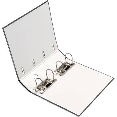 Ein weißer, geöffneter Ordner mit zwei Metallringen und Hebelmechanismus. Der Ordner ist leer und liegt auf einer weißen Fläche.
