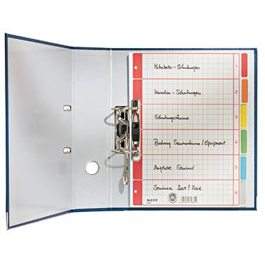 Geöffneter Ordner mit Registerkarten in verschiedenen Farben. Beschriftungen der Register: 'Kleinbetr. - St. u. Vers.', 'Veranl. - Schenkungen', 'Schenkungsverträge', 'Abgaben Steuernerlass', 'Steuerverz. 2005/2006'.